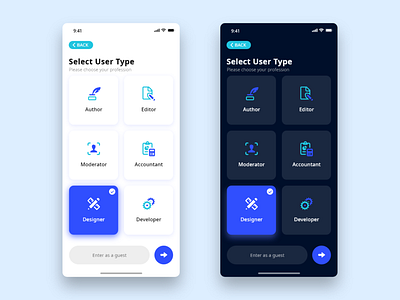 Daily UI - #64 Select User Type 2d app art blue color dailyui dark design dribbble icon illustration ios iphone minimal select user type ui user experience user interface ux vector