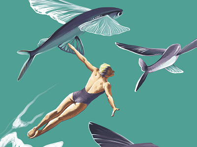 Intro book illustration design digital illustration fish flying flying fish hello dribbble illustration magazine illustration surrealism woman