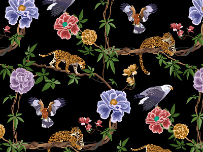 In the jungle birds design fashion flowers jaguar jungle textile textile design textile pattern vector pattern