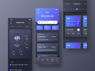 Wallet and Card Page of Finance APP black data finance mode night statistics wallet