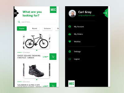 Sidebar UI - MEC app bicycle ios minimal shopping sidebar uı