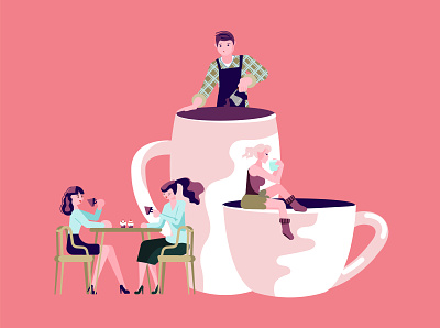 Tiny people character and coffee shop concept. cafe cartoon character coffee concept cup of coffee drink female flat design hot illustration male man mug person tiny people vector woman