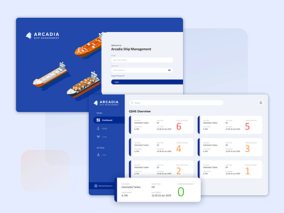 Arcadia Ship Management archiving blue dashboard light blue login overview qhse ship ships management ui ux white