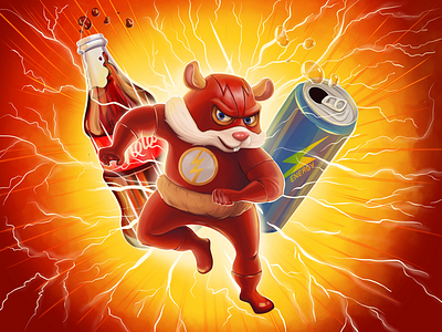 Crazy hamster flash character charge cola crazy energy flash hamster illustration lightning liquid superhero wap
