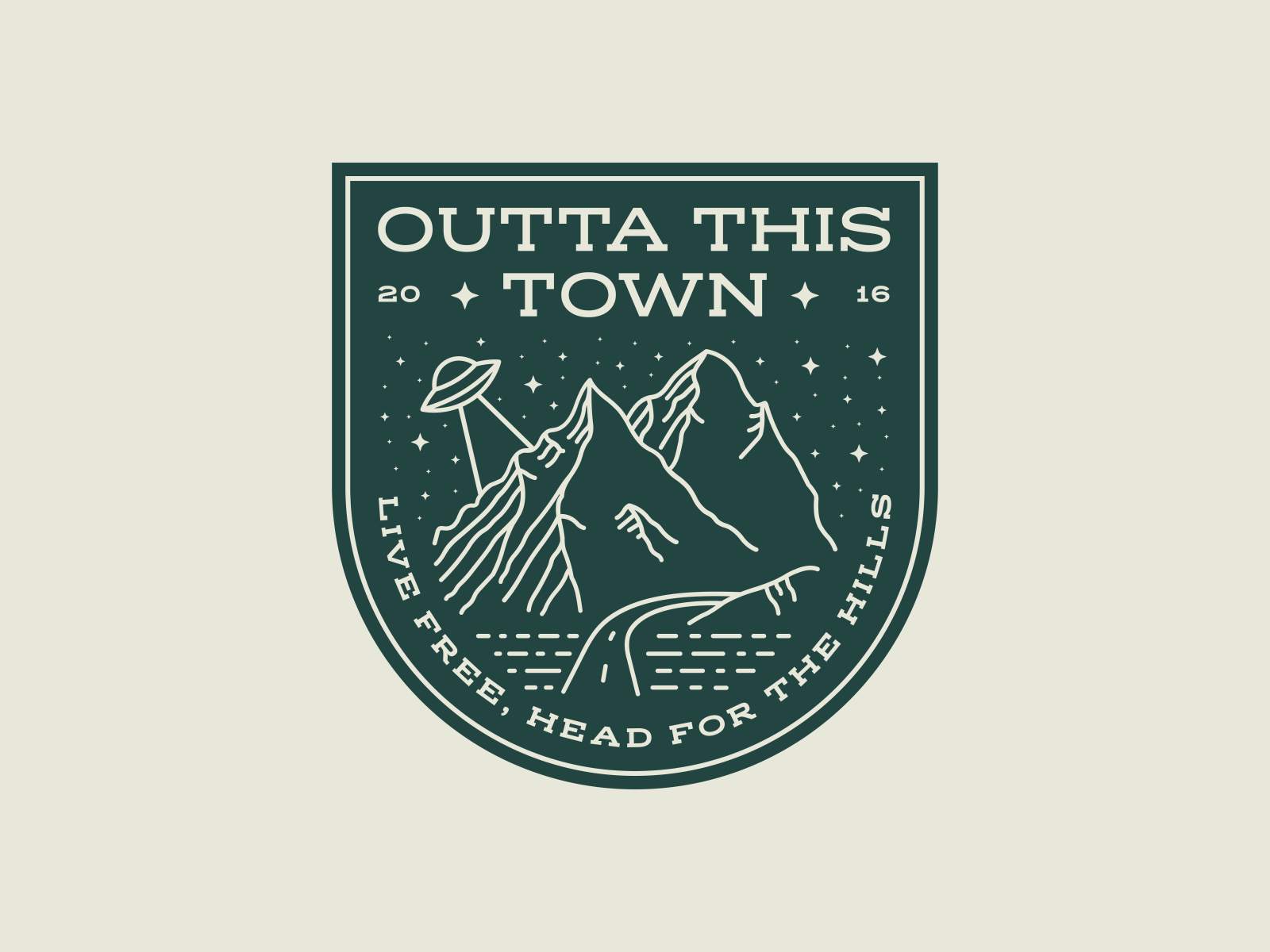 Outta This Town Live Free Badge ⛰️ ✨ alien aliens badge landscape lockup mountains nature nature badge nature illustration road seal space sparkle stars ufo vintage badge vintage badges vintage design wilderness