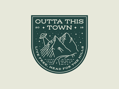 Outta This Town Live Free Badge ⛰️🛸✨ alien aliens badge landscape lockup mountains nature nature badge nature illustration road seal space sparkle stars ufo vintage badge vintage badges vintage design wilderness