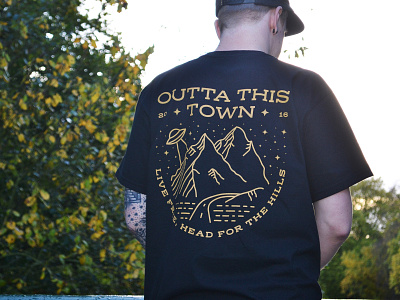 Outta This Town Head For The Hills T-shirt adventure aliens apparel badge badgedesign clothing brand explore hills lockup mountain nature screen print stars typography ufo badge