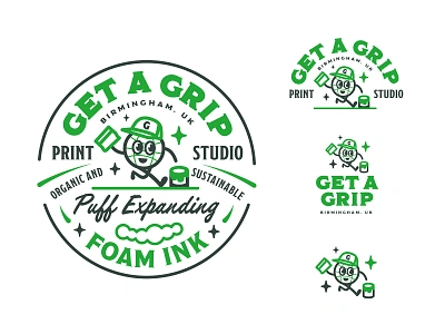 Get A Grip Screen Printing Puff Expanding Foam Ink Lockups badge badge design character designer diy globe graphic design mascot print screen printers screen printing sustainable typography vintage world