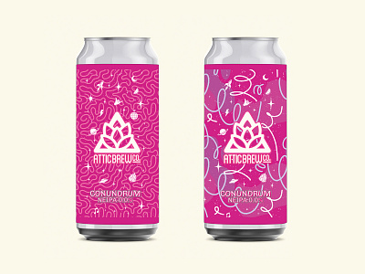 Attic Brew Co. Conundrum NEIPA Label abstract badge beer beer can beer label branding brewery bright colourful craft beer craft brewery design illustration logo logo design packaging space typography ufo