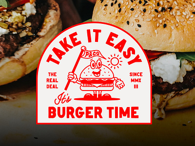 TAKE IT EASY IT'S BURGER TIME art badge badge design branding burger burger badge creative designer graphic design identity illustration logo logo design mascot merchandise typography