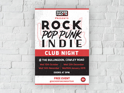 Sucker Punch Club Night Poster alternative band brand identity branding clean club night grunge identity illustration indie logo logo design poppunk poster promotional rock club rock concert rock music typography