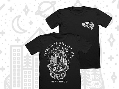 Deaf Minds T-shirt Design abduction aliens apparel apparel logo band art band merch band merchandise brand merch branding clothing flying saucer mountains planets punk scene stars trees ufo zombie zombies