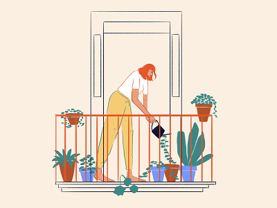 Balcony gardener balcony botanic character design digital flower garden hair illustration person plants relax texture