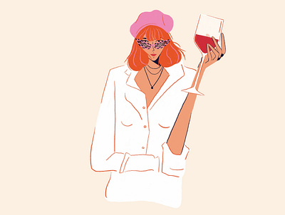 wine girl character curly design digital drink fashion hair illustration person texture wine wine glass