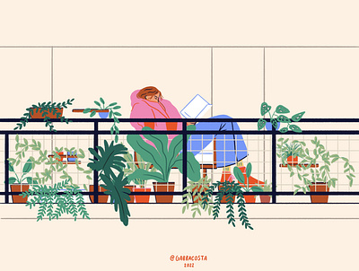 Balcony balcony character illustration person plants read reading relax