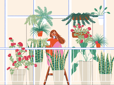 Plants balcony balcony botanic branding character design digital illustration logo person plants texture ui