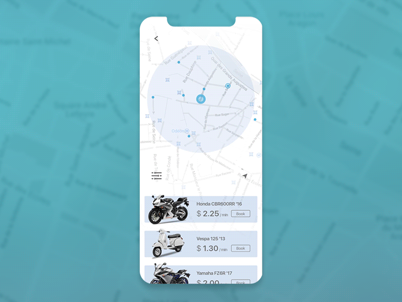 Motorcycle sharing iOS app animation app bike blue booking clear interaction ios location map mobile moto rent ride share sharing ui vehicle white xd
