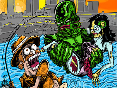 Creature Magazine Cover art black lagoon city creature fishing illustration monster movie monster ocean scared water zombie