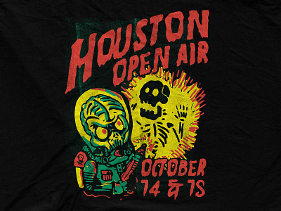 Houston Open Air - Aliens Attack alien attack cartoon houston illustration lazer gun retro skeleton vintage