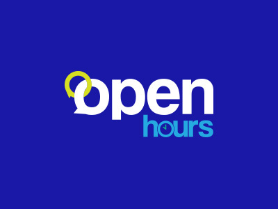 Openhours blue branding bubble chat clock conference cyan green logo design time