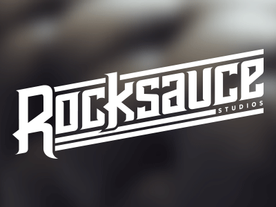 Rocksauce Studios Almost Logo angled logo app design logo mobile design rocksauce script logo slanted logo