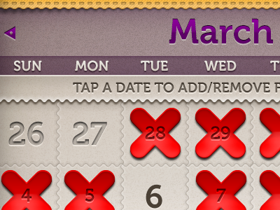 DaySince Calendar View calendar fringe grit inset ios iphone app markers purple textured plastic waves