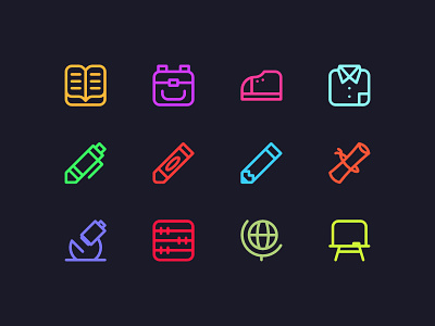 Neon Icons for School dark design education icon iconography iconset illustration interface learning line neon school ui uiux user web