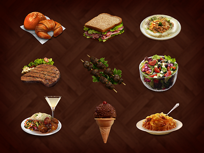 Food type Icons #2 bistro croissant hummus ice cream kebab noodle pasta pastry salad sandwich skew spaghetti steak