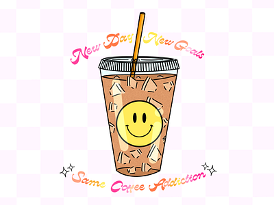 Iced Coffee Illustration Art with Smiley Face aesthetic bright checker checkered checkered print coffee color colorful design feminine illustration pink procreate procreate app typography y2k