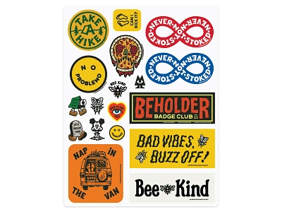 Beholder Stickerpack I 60s 70s branding camp camping design graphic illustration logo retro stoner surf type typography vintage