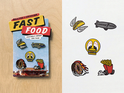 Brixton x Beholder Fast Food Pin Pack 60s 70s camp camping graphic hot rod illustration logo retro signpainting stoner surf type typography vintage