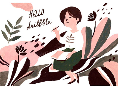 hello dribbble 🌿 debut first shot floral gouache hand drawn hello hello dribble illustration plants traditional art