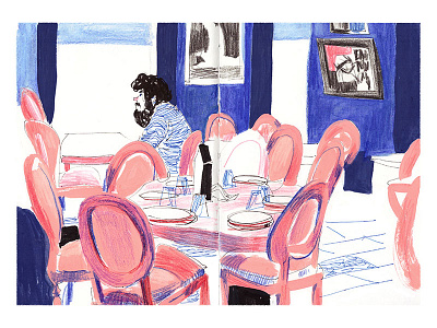 In a cafe art compostition drawing gouache illustration interior messy mixed media pink rough sketch traditional art