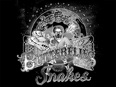Crooked Eye Tommy Butterflies & Snakes Tee Shirt Graphic character concept character design cranial urn digital art digital ink hand lettering illustration mike lemos aka spacetrog pen and ink tee shirt design typography