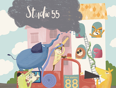 Fire engine animal characterdesign children book illustration film film studio fire studio