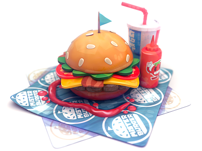 Burger Time 3d bacon branding burger c4d cg cheese drink fast food food fun graphic design hamburger hot sauce icee ketchup lettuce soda tomato yum