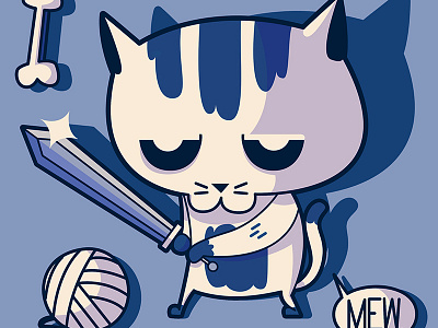 Cat the Conqueror blue cat illustration kitten meow sword warrior yarn ball