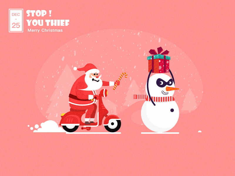 Merry Christmas animation christmas gift holiday illustration interesting motorcycle santa claus snow snowman thief