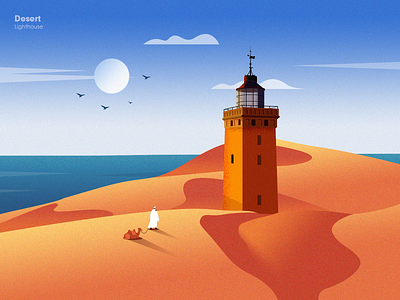 Desert blue camel cloud desert find illustration lighthouse sea sky sun white