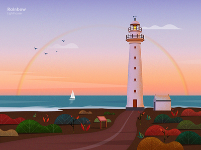 Rainbow bird cloud flower grass guideboard house illustration lighthouse ps rainbow road sea