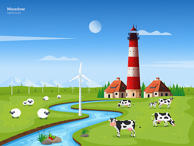 Meadow blue butterfly cloud cow flower grass house illustration lighthouse meadow mountain river sheep stone tree windmill