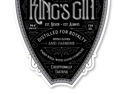 King's Gin alcohol beverage cocktail detailed filigree flourish gin label design ornate