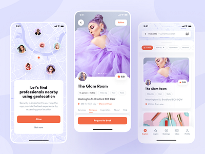Readyhubb. App to book beauty services nearby app beauty design figma graphic design interaction ios likes logo map mobile new popular professionals team top typography ui uiux ux
