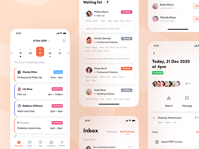 Readyhubb. Mobile App to book beauty services analytics app beauty booking calendar clean design inbox interaction ios makeup map mobile profile services tags ui ux uxui waiting list