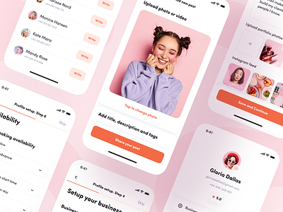Readyhubb. Mobile App to book beauty services app beauty booking chat design interaction ios map message mobile profile profile setup ratings settings setup tags ui upload ux uxui
