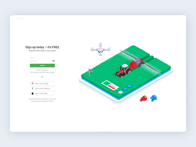 Login & sign up page agriculture branding colors colour design farming grass illustration isometric isometry login page sign up technique tractor ui ux vector web window