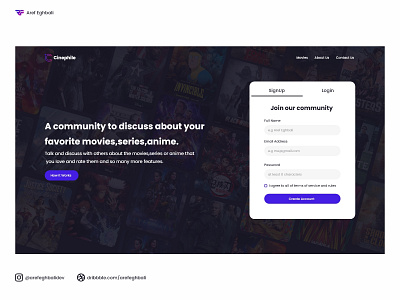 Cinephile Platform adobexd landing page movie social media uidesign uiux ux webdesign