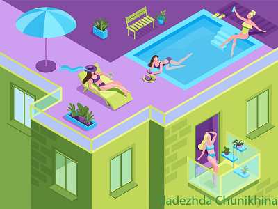 Balcony 3d girl illustration isolation isometric pool quarantine roof summer sunbathing swimming vector