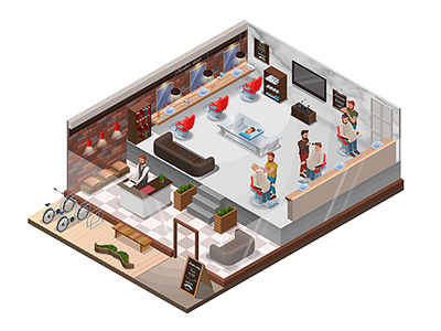 Barbershop interior isometric vector illustration