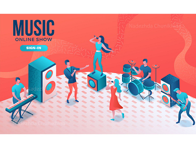 Music show concept 3d concert coral design illustration isometric memphis style music ui ux vector